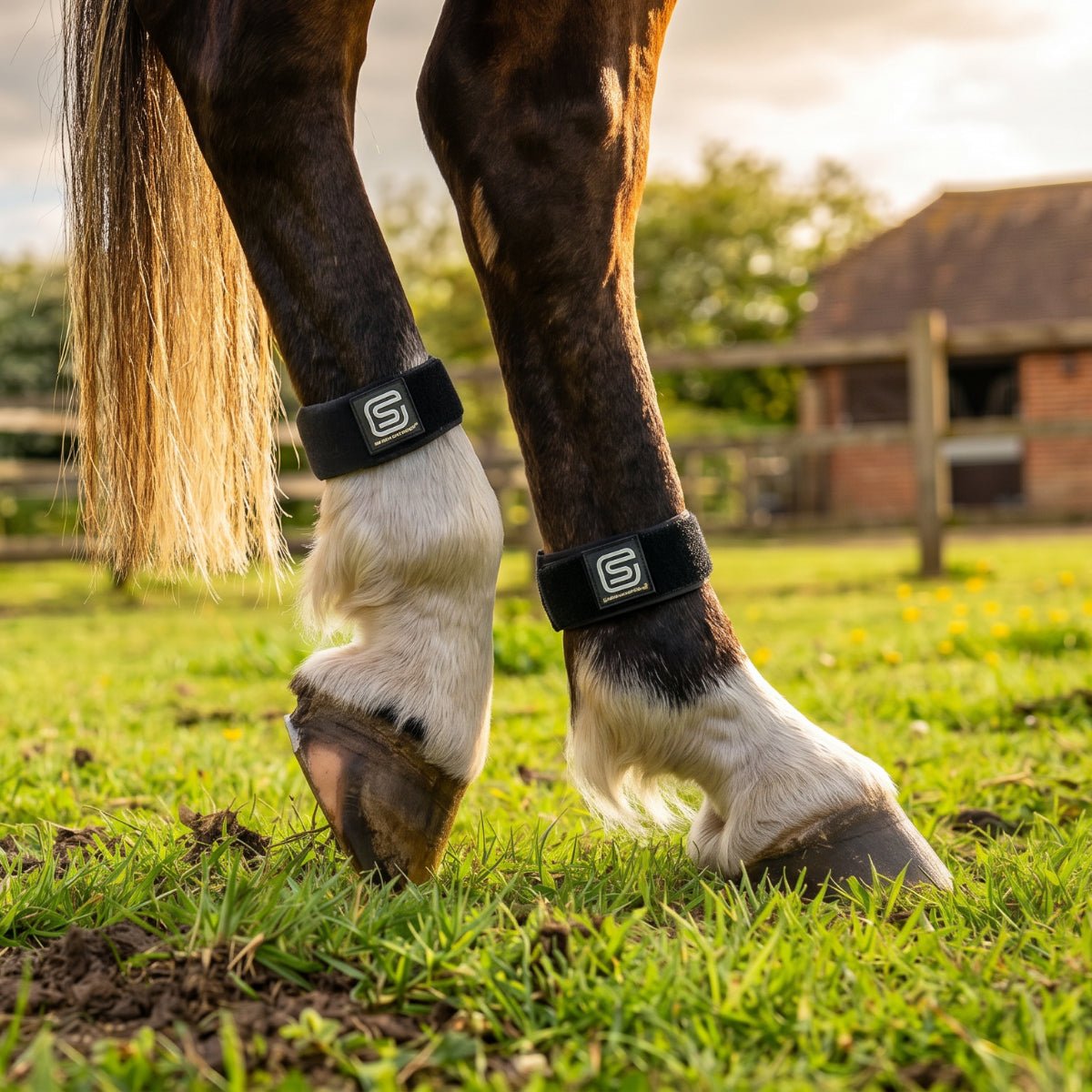 Close-up of a horse's lower legs standing in grass outdoors, wearing EQU StreamZ wraps in turnout on hind legs