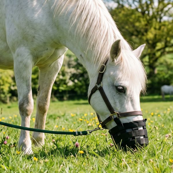 Horse with laminitis in field with muzzle to stop grazing control diet