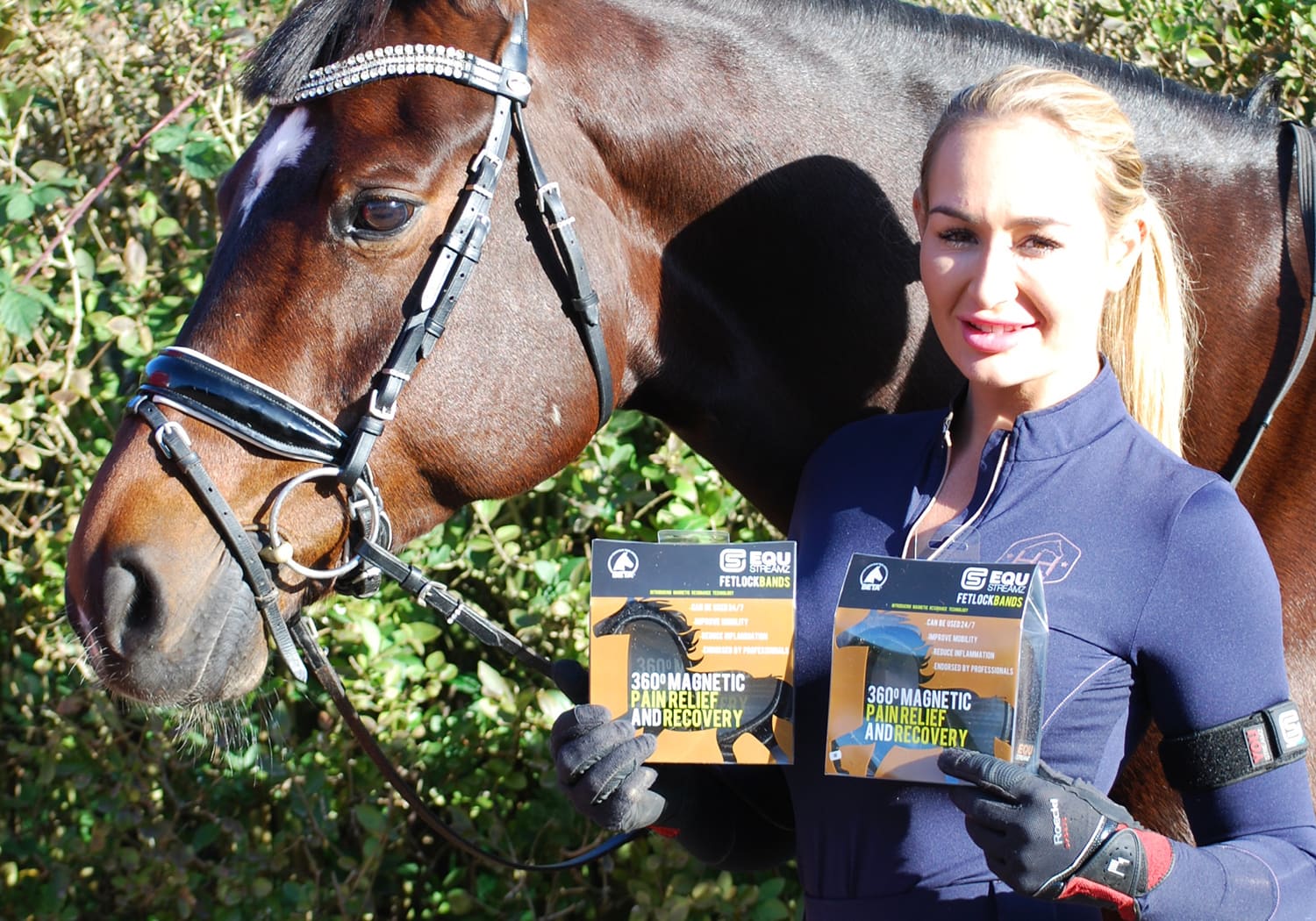 sofie butchart international dressage rider using equ streamz magnetic horse bands on her dressage horse